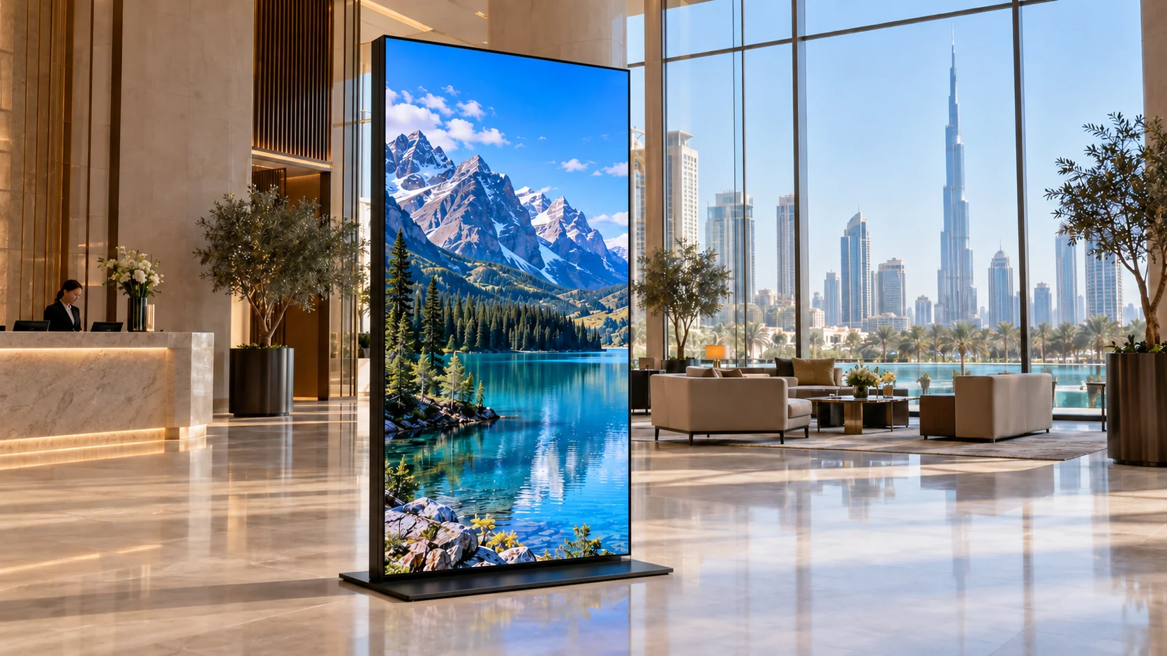 AI-generated IS series LED stand application concept in a fictional Dubai lobby, with Burj Khalifa visible outside.