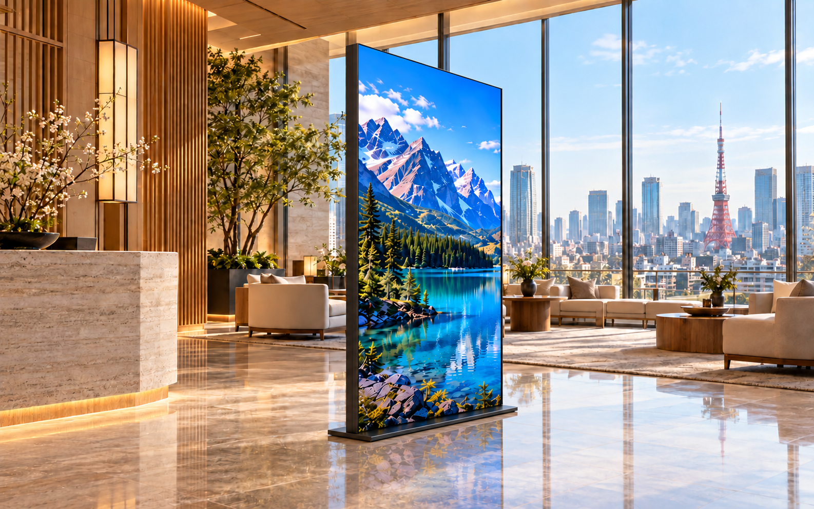 AI-generated IS series right-facing LED stand concept centered in a fictional Tokyo lobby, with Tokyo Tower visible outside.